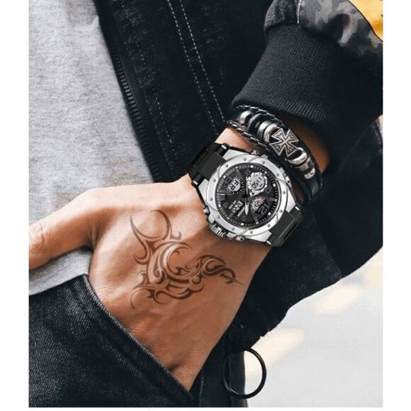 BLACK SILVER STAINLESS STEEL MILITARY SPORT WATERPROOF QUARTZ WRISTWATCH - Picture 3 of 6